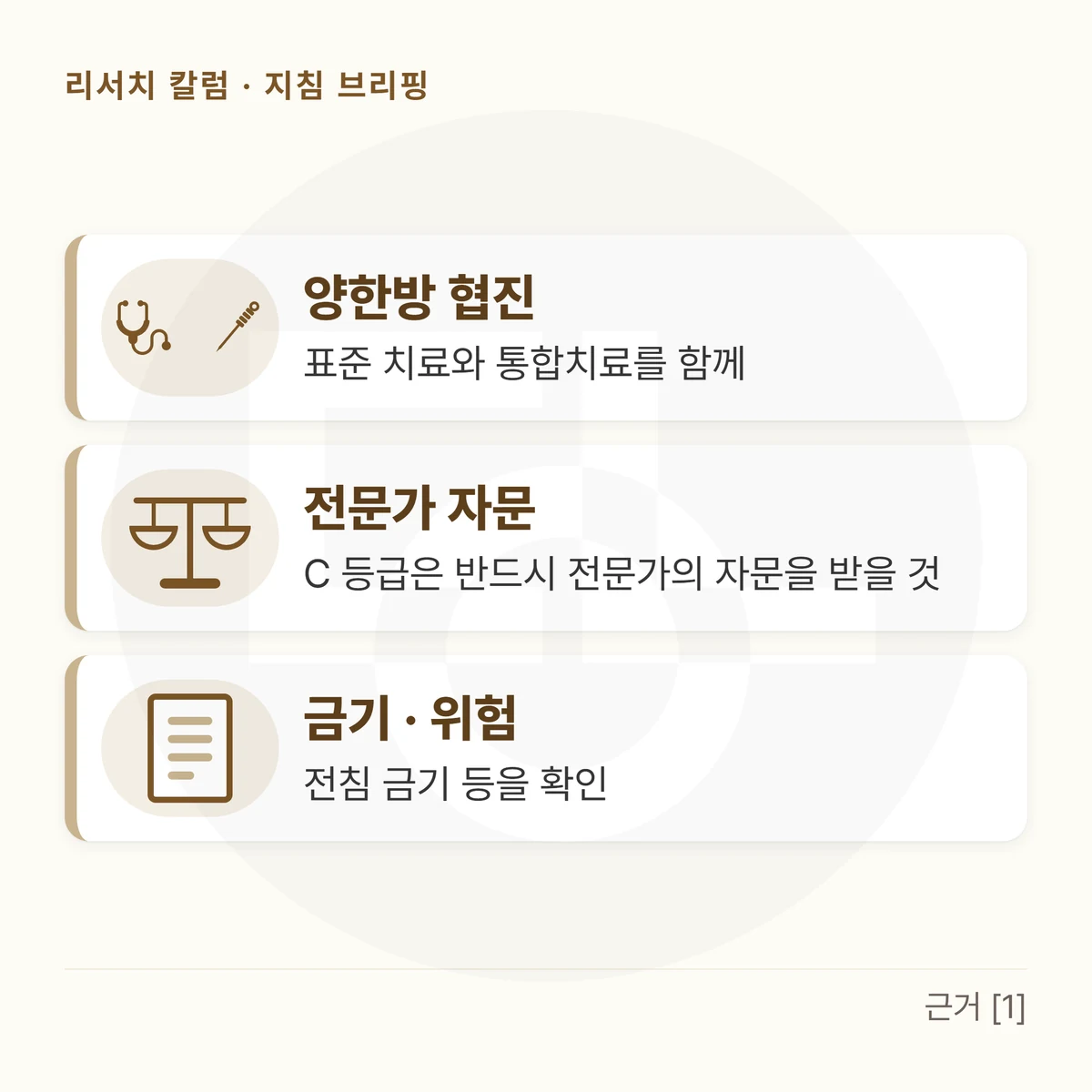 세 장의 카드 — 「양한방 협진 — 표준 치료와 통합치료를 함께」 「전문가 자문 — C 등급은 반드시 전문가의 자문을 받을 것」 「금기 · 위험 — 전침 금기 등을 확인」을 위아래로 놓은 그림