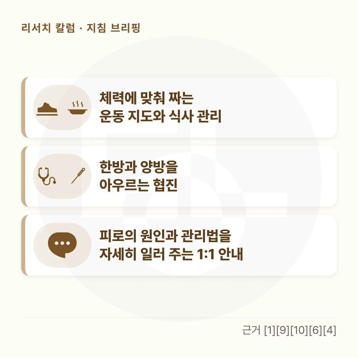 카드 세 장을 위아래로 놓은 그림 — 「체력에 맞춰 짜는 운동 지도와 식사 관리」 「한방과 양방을 아우르는 협진」 「피로의 원인과 관리법을 자세히 일러 주는 1:1 안내」