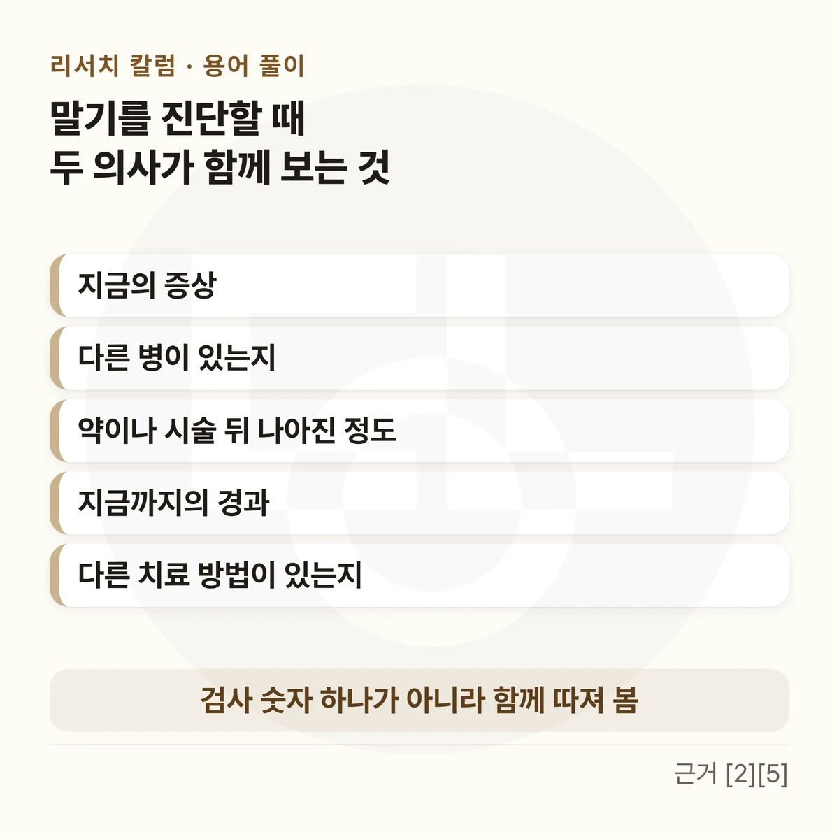 위에 「말기를 진단할 때 두 의사가 함께 보는 것」, 위아래로 놓은 다섯 칸 — 「지금의 증상」 「다른 병이 있는지」 「약이나 시술 뒤 나아진 정도」 「지금까지의 경과」 「다른 치료 방법이 있는지」, 아래 띠에 「검사 숫자 하나가 아니라 함께 따져 봄」을 적은 그림