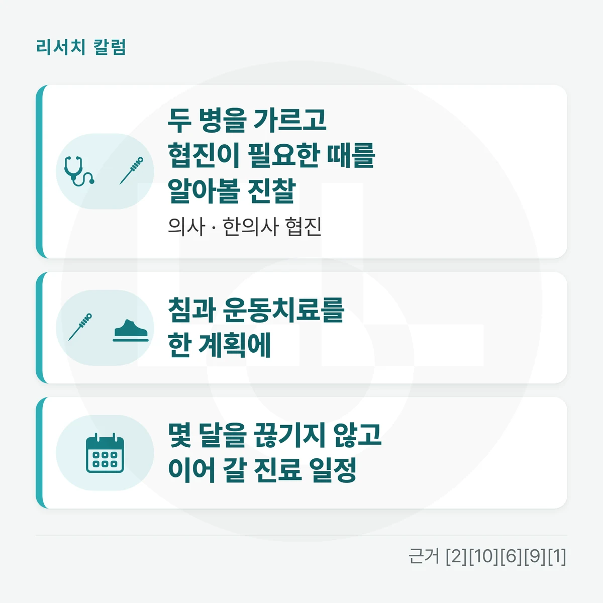 카드 세 장을 위아래로 놓은 그림 — 「두 병을 가르고 협진이 필요한 때를 알아볼 진찰 — 의사 · 한의사 협진」 「침과 운동치료를 한 계획에」 「몇 달을 끊기지 않고 이어 갈 진료 일정」