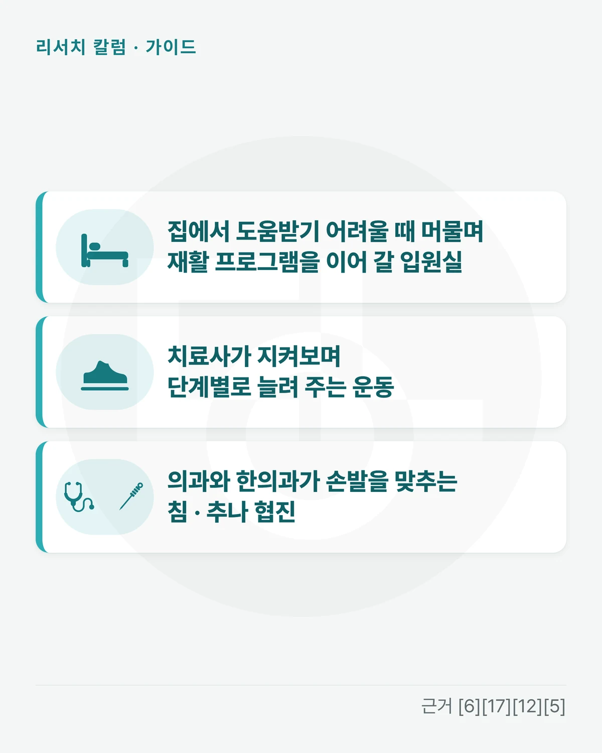 카드 세 장을 위아래로 놓은 그림 — 「집에서 도움받기 어려울 때 머물며 재활 프로그램을 이어 갈 입원실」 「치료사가 지켜보며 단계별로 늘려 주는 운동」 「의과와 한의과가 손발을 맞추는 침 · 추나 협진」
