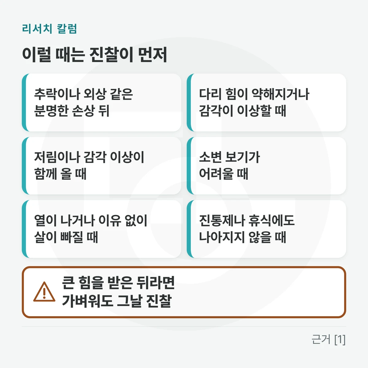세 줄 두 칸 카드 — 「추락이나 외상 같은 분명한 손상 뒤」 「다리 힘이 약해지거나 감각이 이상할 때」 「저림이나 감각 이상이 함께 올 때」 「소변 보기가 어려울 때」 「열이 나거나 이유 없이 살이 빠질 때」 「진통제나 휴식에도 나아지지 않을 때」, 위에 「이럴 때는 진찰이 먼저」, 아래 주의 띠에 「큰 힘을 받은 뒤라면 가벼워도 그날 진찰」를 적은 그림