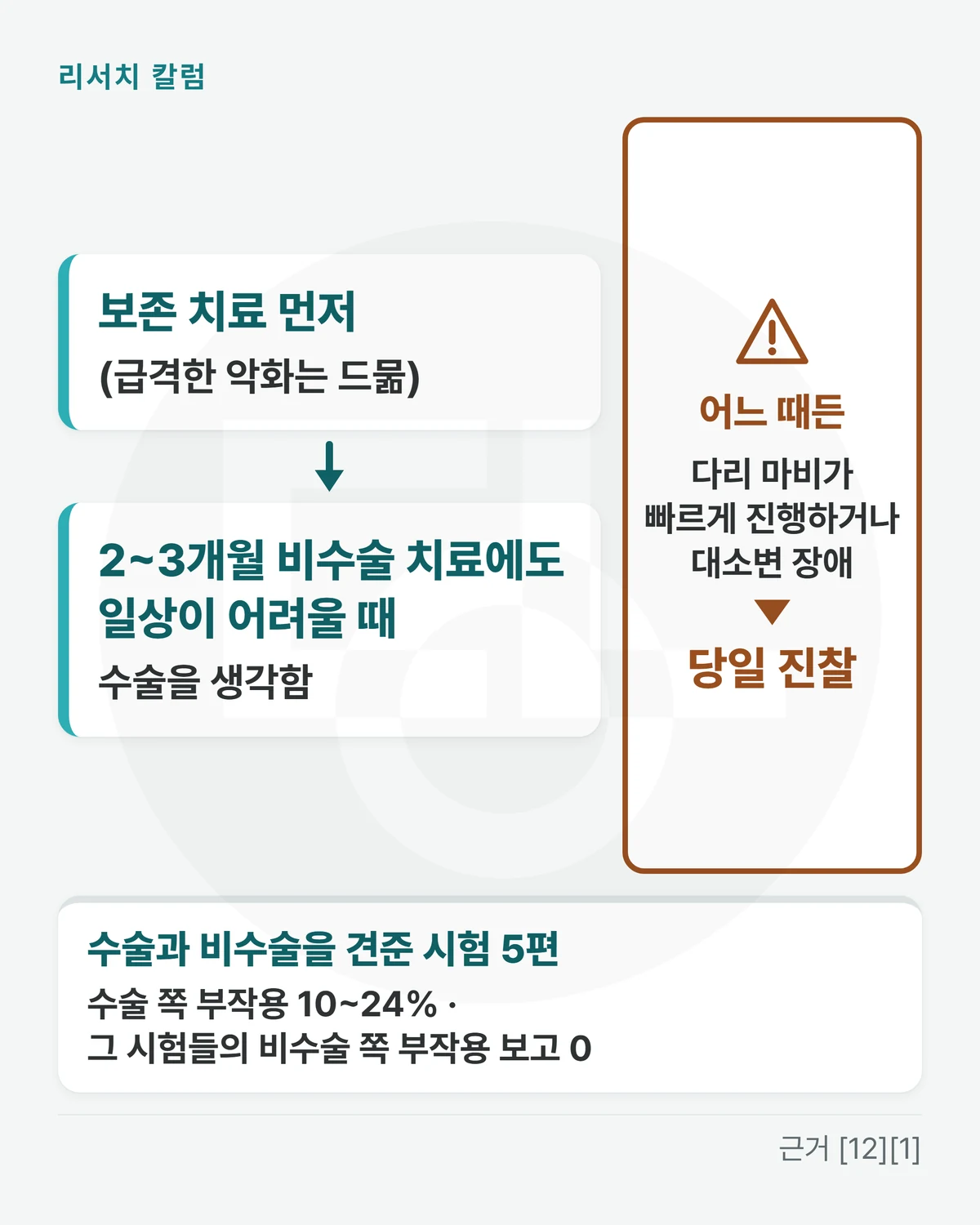 위에서 아래로 흐르는 그림 — 「보존 치료 먼저(급격한 악화는 드묾)」 → 「2~3개월 비수술 치료에도 일상이 어려울 때: 수술을 생각함」, 옆 주의 띠 「어느 때든 다리 마비가 빠르게 진행하거나 대소변 장애: 당일 진찰」, 맨 아래 「수술과 비수술을 견준 시험 5편: 수술 쪽 부작용 10~24% · 그 시험들의 비수술 쪽 부작용 보고 0」