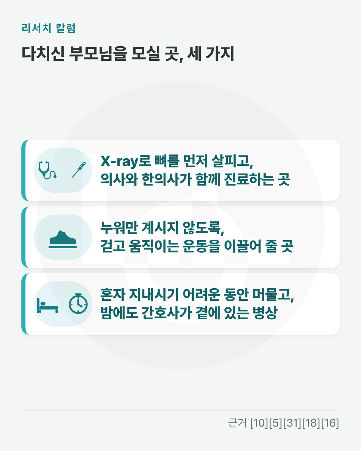 위에 「다치신 부모님을 모실 곳, 세 가지」, 카드 세 장을 위아래로 놓은 그림 — 「X-ray로 뼈를 먼저 살피고, 의사와 한의사가 함께 진료하는 곳」 「누워만 계시지 않도록, 걷고 움직이는 운동을 이끌어 줄 곳」 「혼자 지내시기 어려운 동안 머물고, 밤에도 간호사가 곁에 있는 병상」