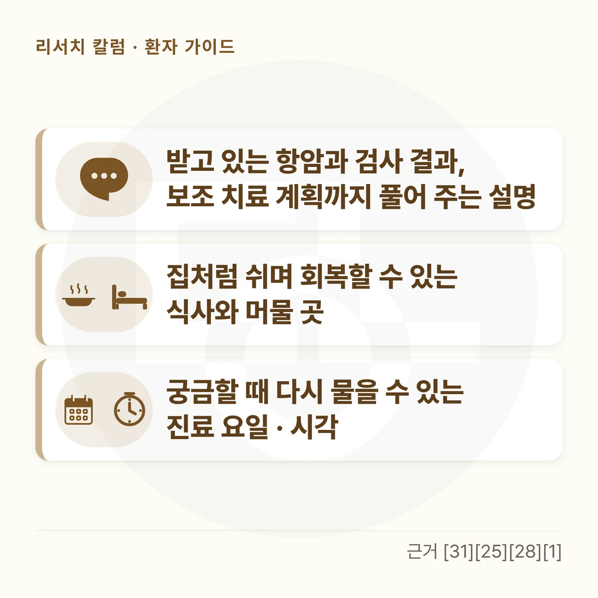 카드 세 장을 위아래로 놓은 그림 — 「받고 있는 항암과 검사 결과, 보조 치료 계획까지 풀어 주는 설명」 「집처럼 쉬며 회복할 수 있는 식사와 머물 곳」 「궁금할 때 다시 물을 수 있는 진료 요일 · 시각」