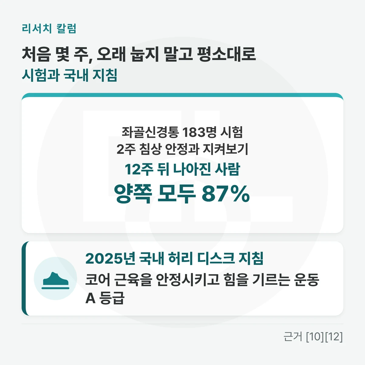 위에 「처음 몇 주, 오래 눕지 말고 평소대로 · 시험과 국내 지침」, 시험 카드 「좌골신경통 183명 시험 · 2주 침상 안정과 지켜보기: 12주 뒤 나아진 사람 양쪽 모두 87%」, 지침 카드 「2025년 국내 허리 디스크 지침: 코어 근육을 안정시키고 힘을 기르는 운동 A 등급」을 적은 그림